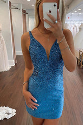 Bodycon Homecoming Dress Blue Delicate Beading Plunging Short Party Cocktail Dress