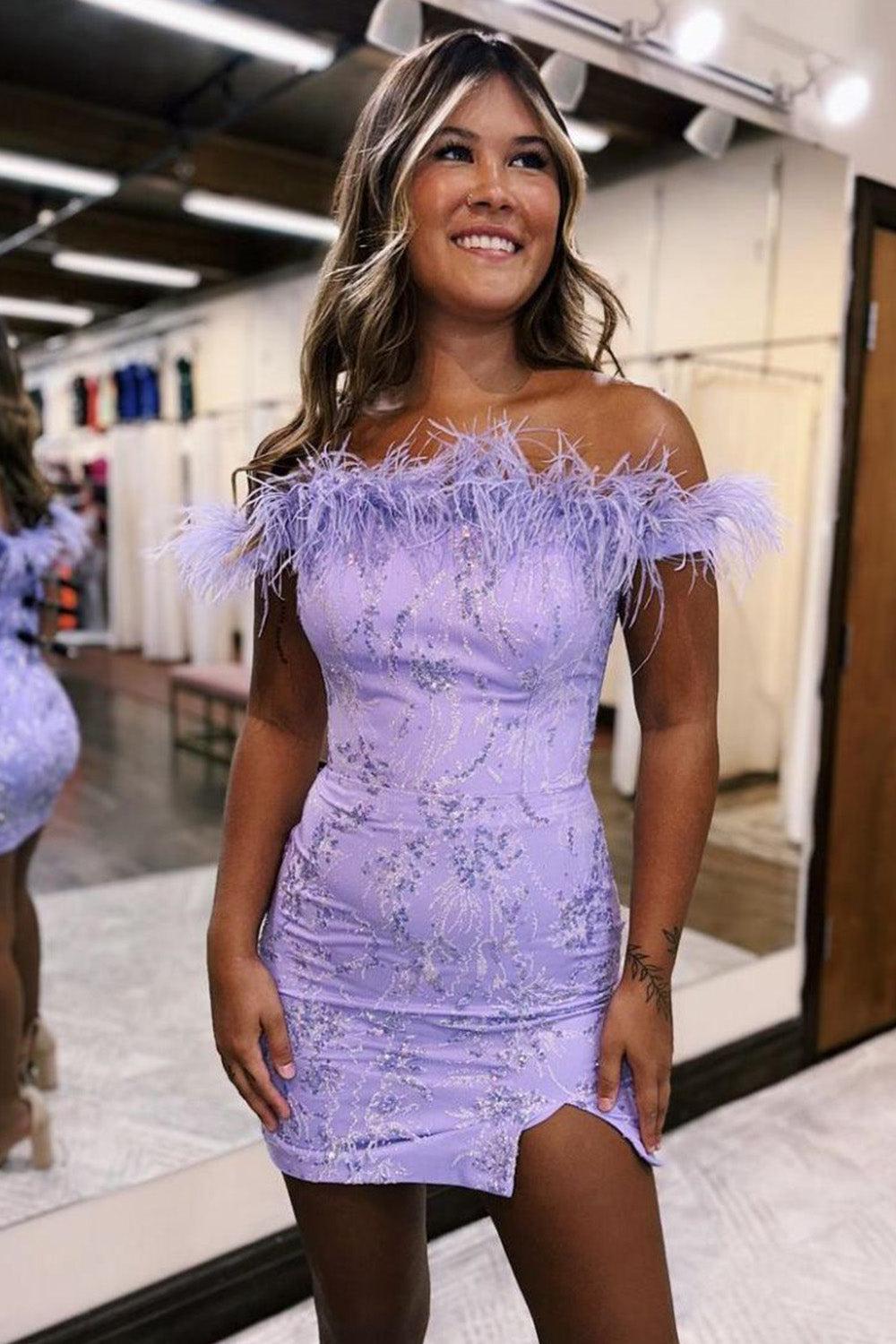 Bodycon Homecoming Dress Charming Lilac Off The Shoulder With Chic Feather Style Short Party Cocktail Dress