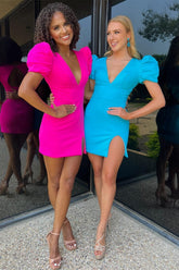 Bodycon Homecoming Dress Style With Cute Puff Sleeves Cobalt Blue Plunge Short Party Cocktail Dress