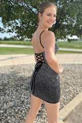 Bodycon Homecoming Dress V neck Elastic Satin with Beading Short Party Cocktail Dress