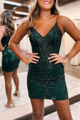 Bodycon Homecoming Dress V neck Shoulder straps Bodice Mini Short Party Cocktail Dress