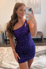 Bodycon Homecoming Dress one shoulder Style Purple Sequin Shiny Short Party Cocktail Dress