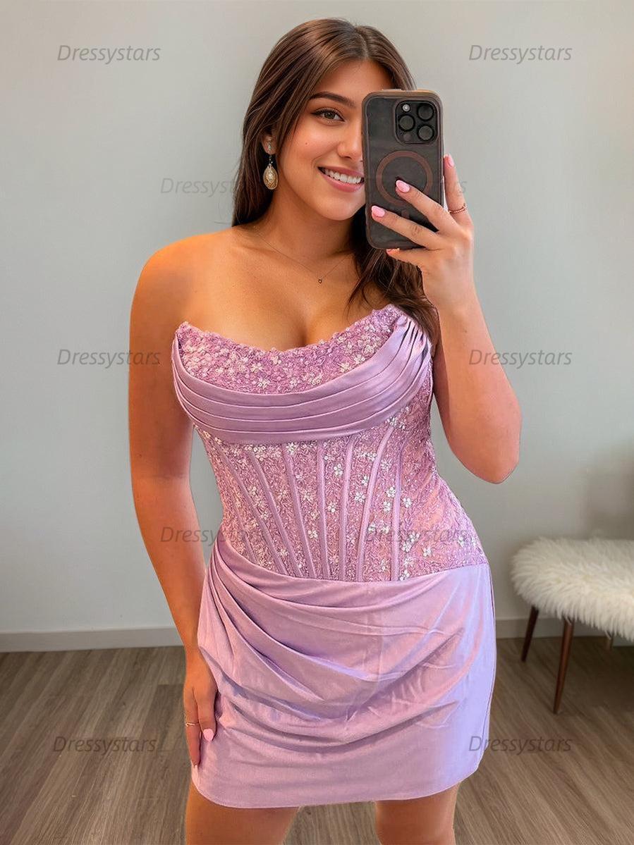 Dressystars Bodycon Scoop Neck Satin Short Homecoming Dress with Appliqeus