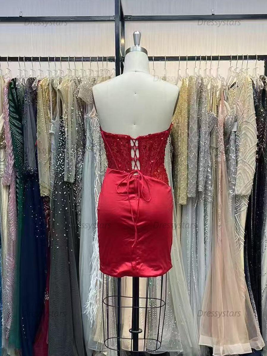 Dressystars Bodycon Scoop Neck Satin Short Homecoming Dress with Appliqeus