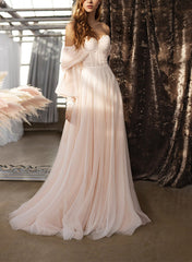 Boho A Line Sweetheart 3/4 Sleeves Sweep Train Tulle Bridal Gowns