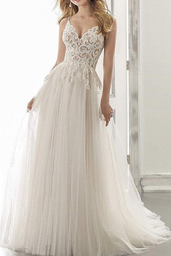 Boho A Line Sweetheart Sleeveless Tulle Wedding Dress With Appliques Lace