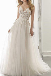 Boho A Line Sweetheart Sleeveless Tulle Wedding Dress With Appliques Lace