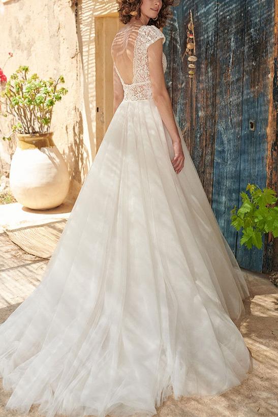 Dressystars Women Wedding Dress Boho A Line V Neck Open Back Short Sleeves Lace Tulle Bridal Dress Dressystars Women Wedding Dress Boho A Line V Neck Open Back Short Sleeves Lace Tulle Bridal Dress
