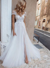 Boho A Line V Neck Short Sleeves Lace and Tulle Wedding Dress With Front Split