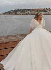 Boho Ball Gown V Neck Organza Wedding Dress With Lace Appliques Sleeves