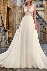 Boho Lace A Line Open Back Wedding Dress