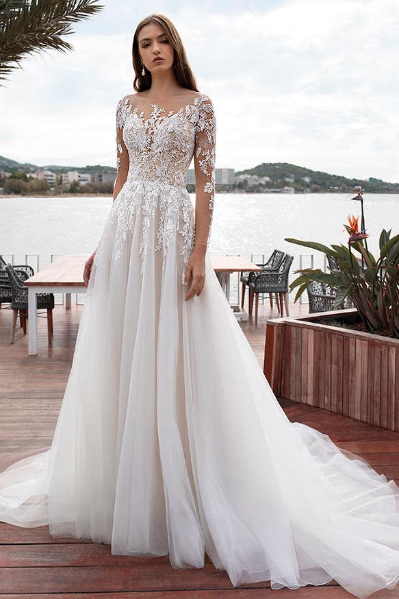 Boho Lace Long Sleeves Wedding Dress With Ball Gown