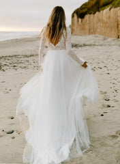 Boho Lace Tulle A Line Wedding Dress Long Sleeves