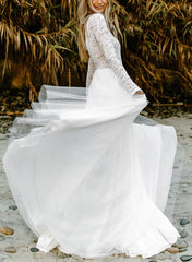 Boho Lace Tulle A Line Wedding Dress Long Sleeves