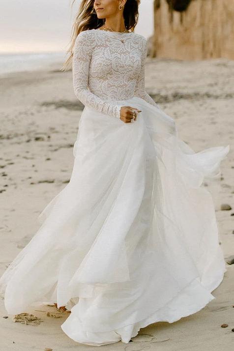 Boho Lace Tulle A Line Wedding Dress Long Sleeves