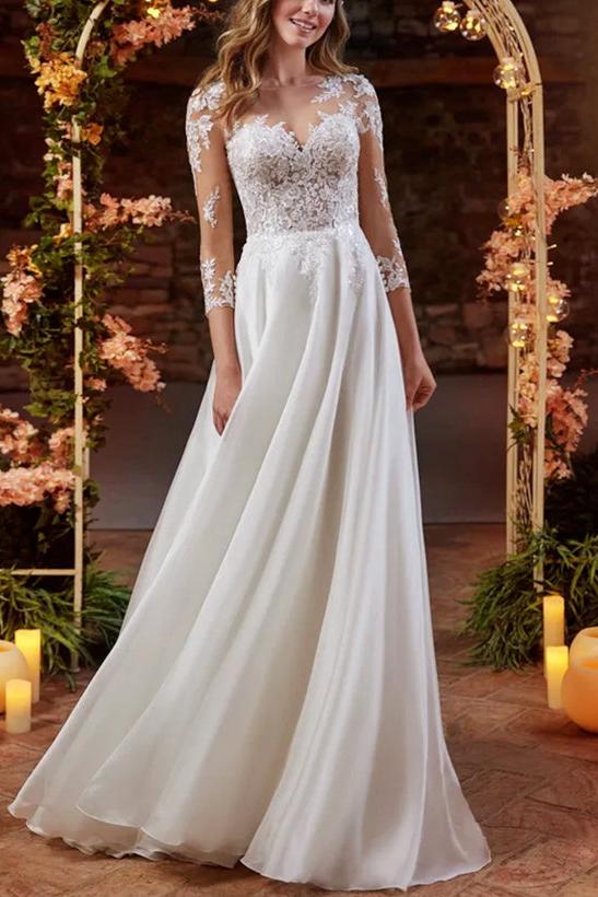 Boho Lace Wedding Dress With 3/4 Sleeves