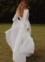 Boho Lace Wedding Dress with V Neck and Long Sleeves