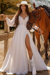 Boho Wedding Dress Lace Chiffon Long Sleeves A Line Bridal Gown