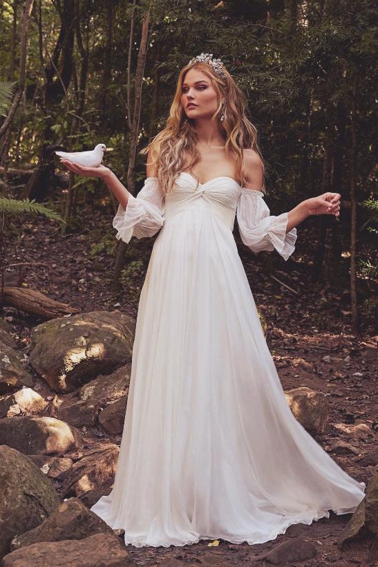 Boho Wedding Dress: Off the Shoulder Long Sleeves with Chiffon Sweep Train