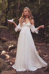 Boho Wedding Dress: Off the Shoulder Long Sleeves with Chiffon Sweep Train