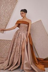 Brown A Line Prom Dress Cap Sleeve One Shoulder Formal Dress With Lace Appliques