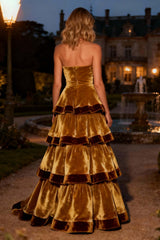 Dressystars Brown A-Line Strapless Tiered Long Velvet Holiday Party Dress