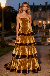 Dressystars Brown A-Line Strapless Tiered Long Velvet Holiday Party Dress