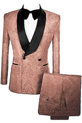 Brown Double Breasted Jacquard Wedding Suit with Velvet Lapel