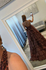 Brown Leopard Prom Dress Ball Gown Halter Tiered Ruffled Long Formal Dress