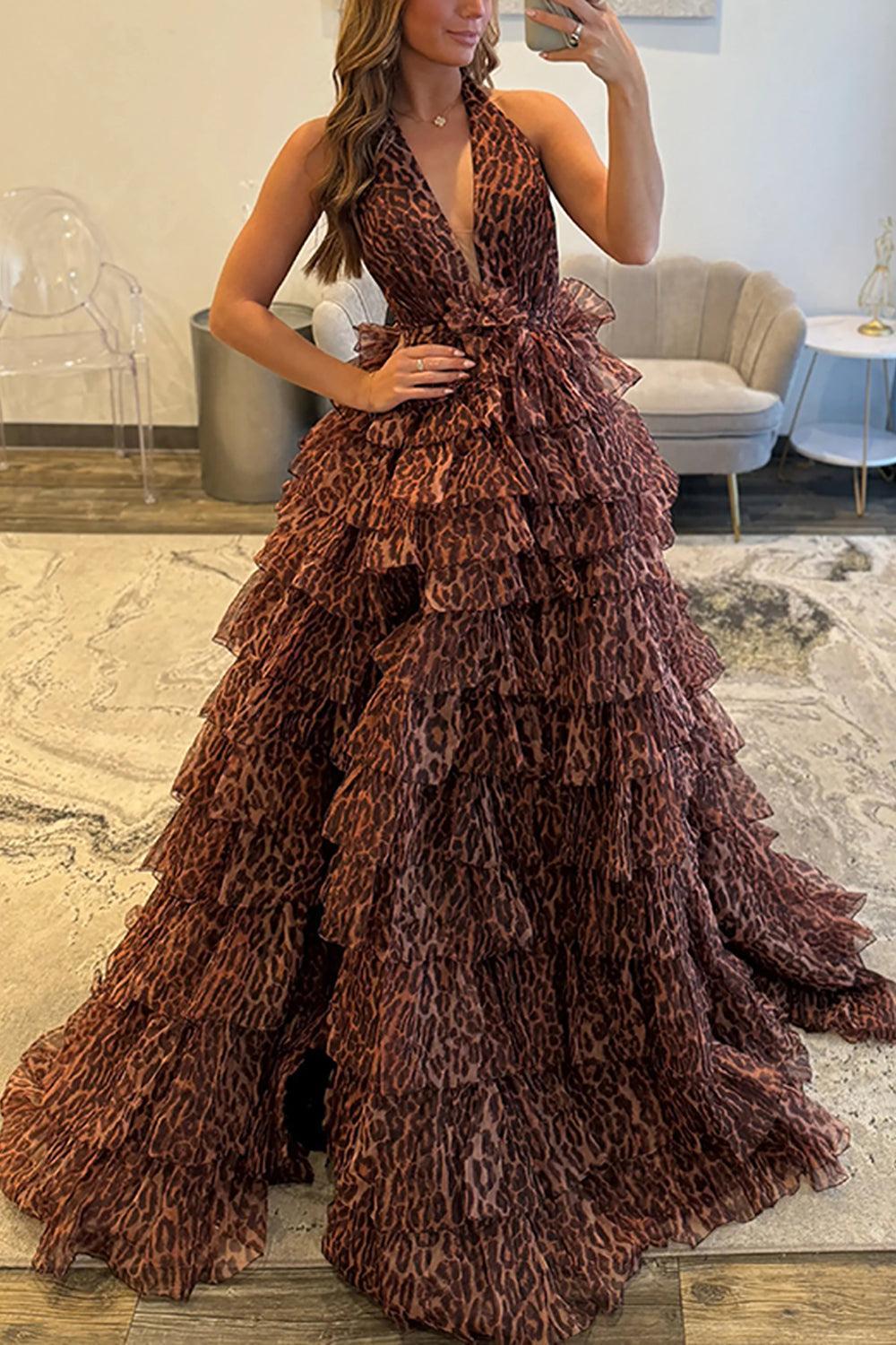 Brown Leopard Prom Dress Ball Gown Halter Tiered Ruffled Long Formal Dress