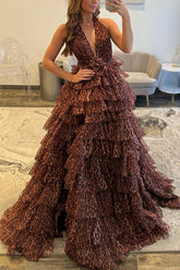 Brown Leopard Prom Dress Ball Gown Halter Tiered Ruffled Long Formal Dress
