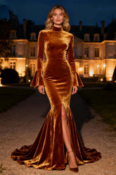 Dressystars Brown Mermaid High Neck Long Velvet Holiday Party Dress With Slit