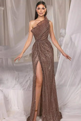 Brown Mermaid Prom Dress Sleeveless One Shoulder Formal Dress With Sequins