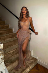 Brown Mermaid Prom Dress Sleeveless Scoop Neck Formal Dress With Beadings and Rhinestones