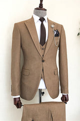 Brown Peaked Lapel Three Piece Business Suit
