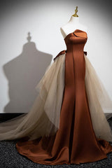 Brown Prom Dress Mermaid Satin Tulle Long Evening Dress