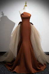 Brown Prom Dress Mermaid Satin Tulle Long Evening Dress