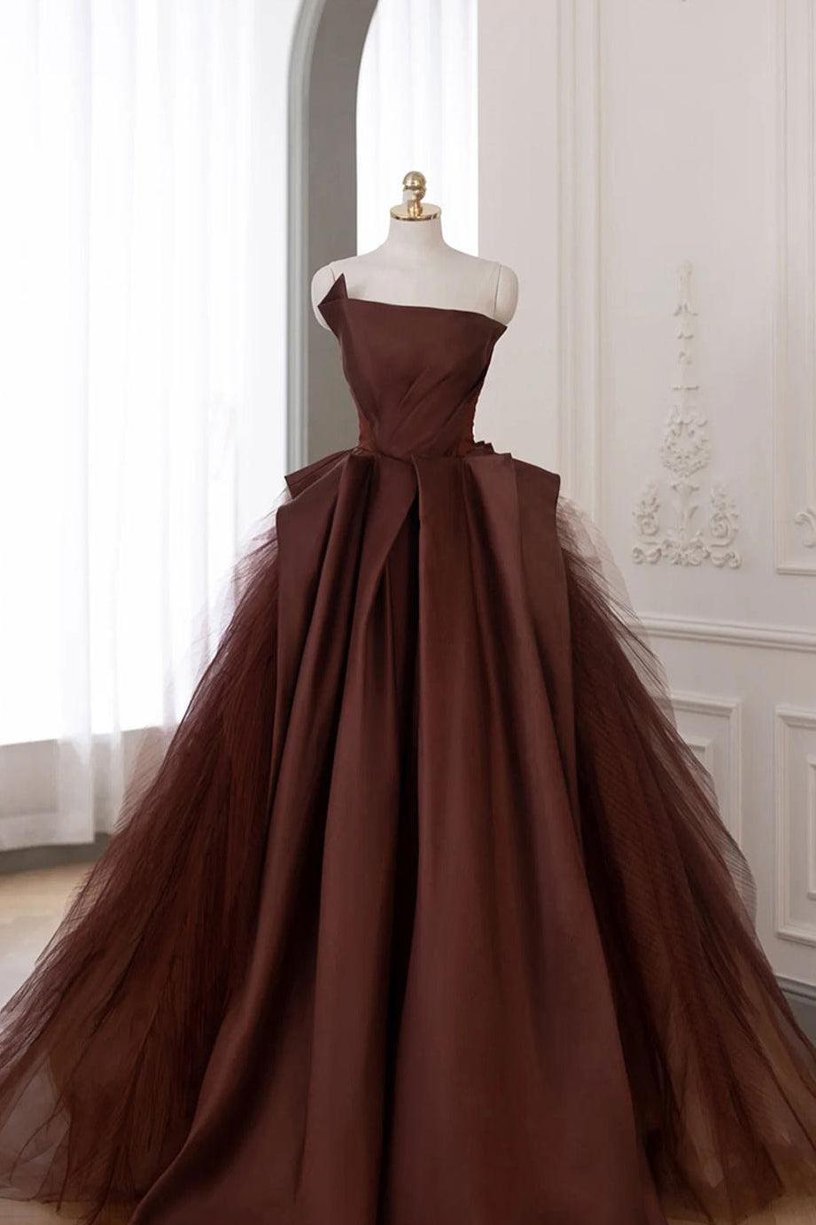 Brown Satin Tulle Long Prom Gown Formal Evening Dress