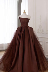 Brown Satin Tulle Long Prom Gown Formal Evening Dress