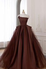 Brown Satin Tulle Long Prom Gown Formal Evening Dress