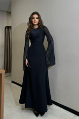 Brown Sheath/Column Prom Dress Long Sleeve Crew Neck Satin Formal Dress
