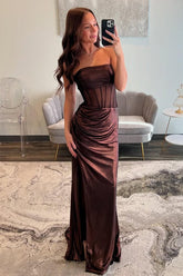 Brown Strapless Mermaid Prom Dress With Long Metallic And High Slit Formal Evening Gown
