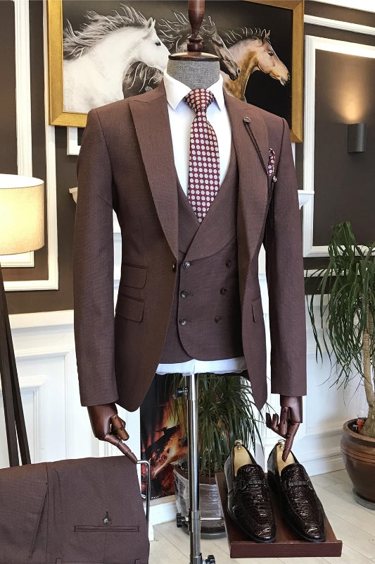 Brown Three Piece Peaked Lapel Business Suit Newest