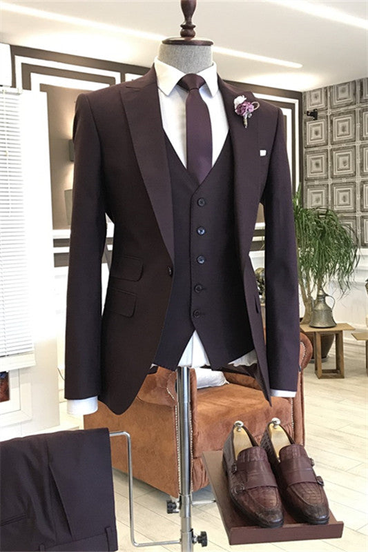 Brown Three Piece Peaked Lapel Business Suit
