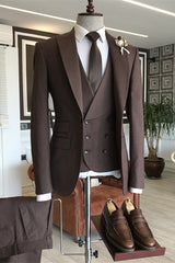 Brown Three Piece Peaked Lapel Business Suit