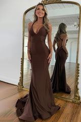 Brown V-Neck Cross Back Long Mermaid Prom Dress Formal Evening Gown