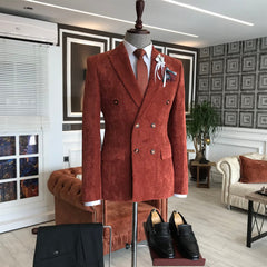 Burgundy Corduroy Peaked Lapel Double Breasted Prom Suit