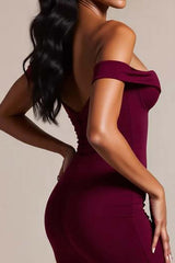 Burgundy Formal Dress Crepe Mermaid Off The Shoulder Long Wedding Guest Dress