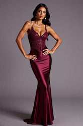 Burgundy Formal Dress Mermaid Satin Spaghetti Straps Long Wedding Guest Dress With Lace