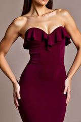 Burgundy Formal Dress Satin Mermaid Backless Strapless Wedding Guest Dress